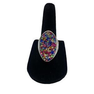 JCM Rainbow Silver Over Brass Rhinestones 1 1/4" Crystal Bling Ring Size 6.75